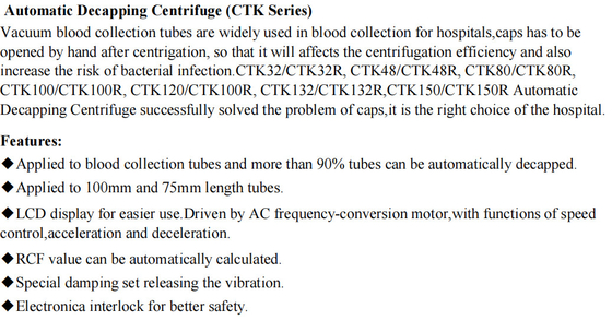 Decapsulatura automatica della centrifuga a bassa velocità CTK64 per la separazione del sangue